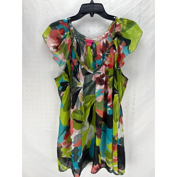 Sunny Leigh XL Watercolor Floral Ruffle Blouse Sheer Short Sleeve Artsy Colorful - Picture 2 of 6